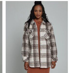 EUC 7 Diamonds Harper Shacket Women's Medium Plaid Pearl Cream Brown Jacket